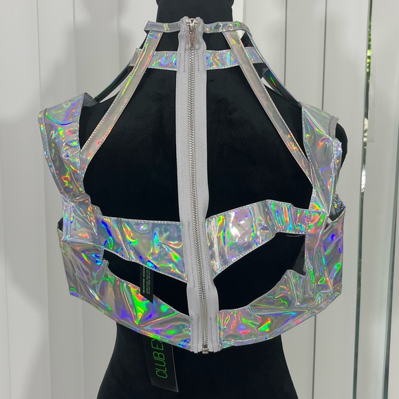 💔SOLD💔 CLUB EXX Rude Awakening Holographic Lace Up Harness Rave Bra Top Silver - Picture 3 of 11